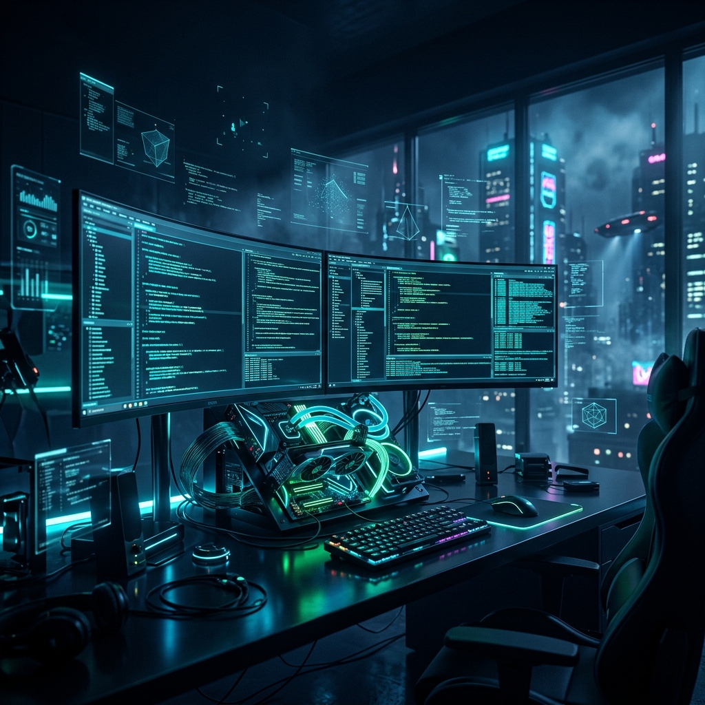 Espacio futurista con monitores y hardware iluminado con neón