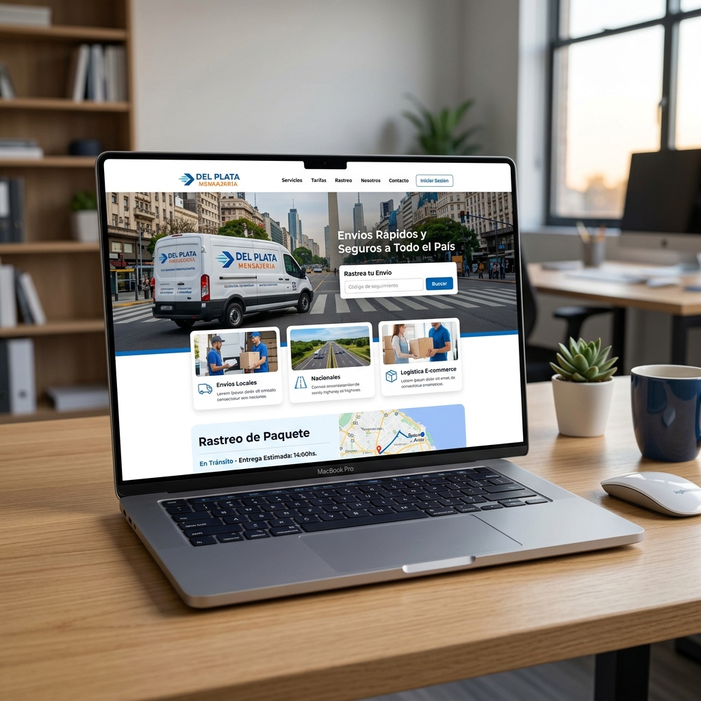 Mockup del sitio web delplatamensajeria.com en un laptop