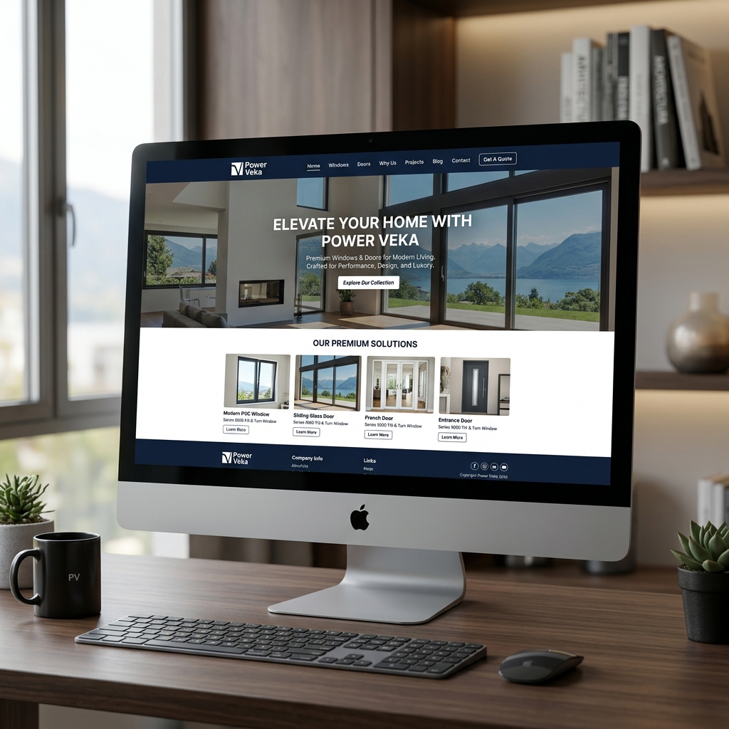 Mockup del sitio web power-veka.com en un monitor